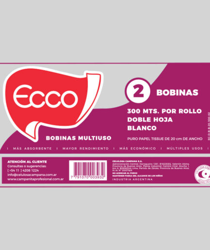 Bobinas industriales Ecco. Puro papel tissue doble hoja de 20 cm de ancho. Pack x 2 unidades de 300 metros cada uno.