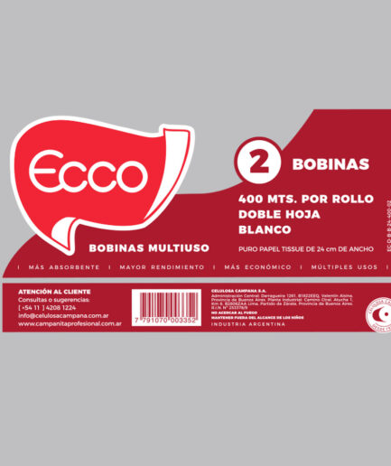 Bobinas industriales Ecco. Puro papel tissue doble hoja de 20 cm de ancho. Pack x 2 unidades de 400 metros cada uno.