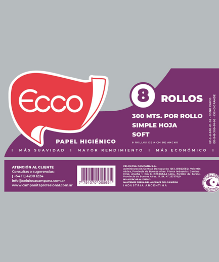 Papel Higienico Ecco Soft Simple Hoja 300 mts - Cono grande